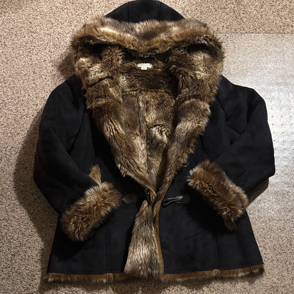 Coldwater Creek Black Teddy Jacket with Brown Faux Fur Trim